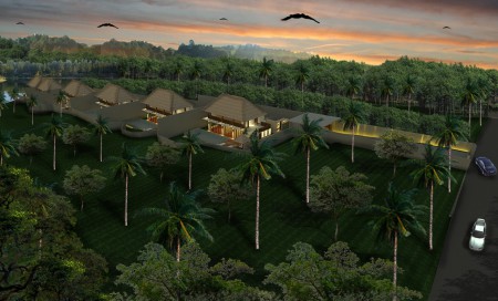 How to enter the small Villa village with on the right the Lobby and Restaurant.